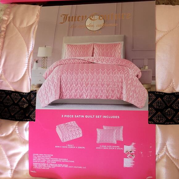 Juicy Couture King Pink Coquette Cute Satin Heart Stitched 3 Piece Quilt Set NWT - Picture 6 of 8